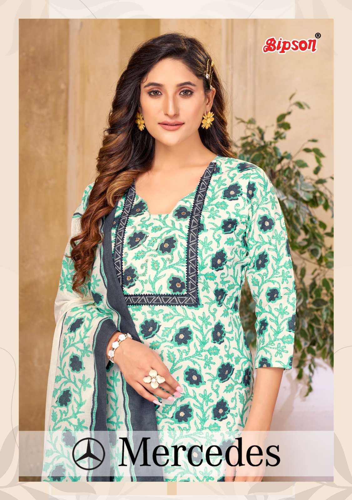 bipson mercedes 2231-2232 adorable foil print with khatli handwork cotton ladies dress materials 