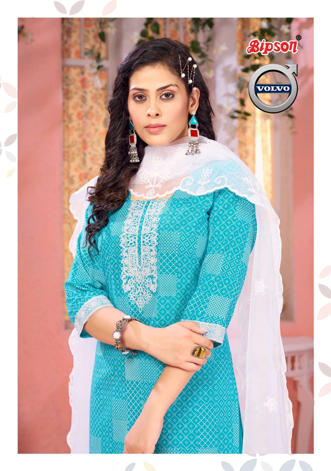 bipson volvo 2217-2218 amazing fancy work cotton dress material with organza dupatta 