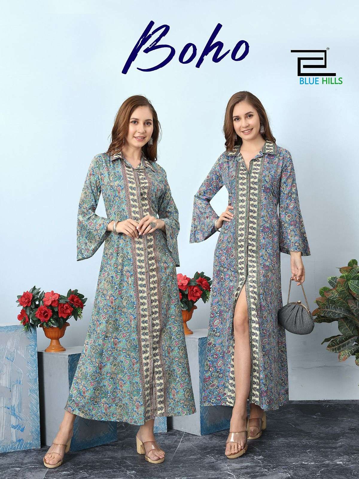 blue hills present boho fancy front open long stitch kurtis wear in two style 