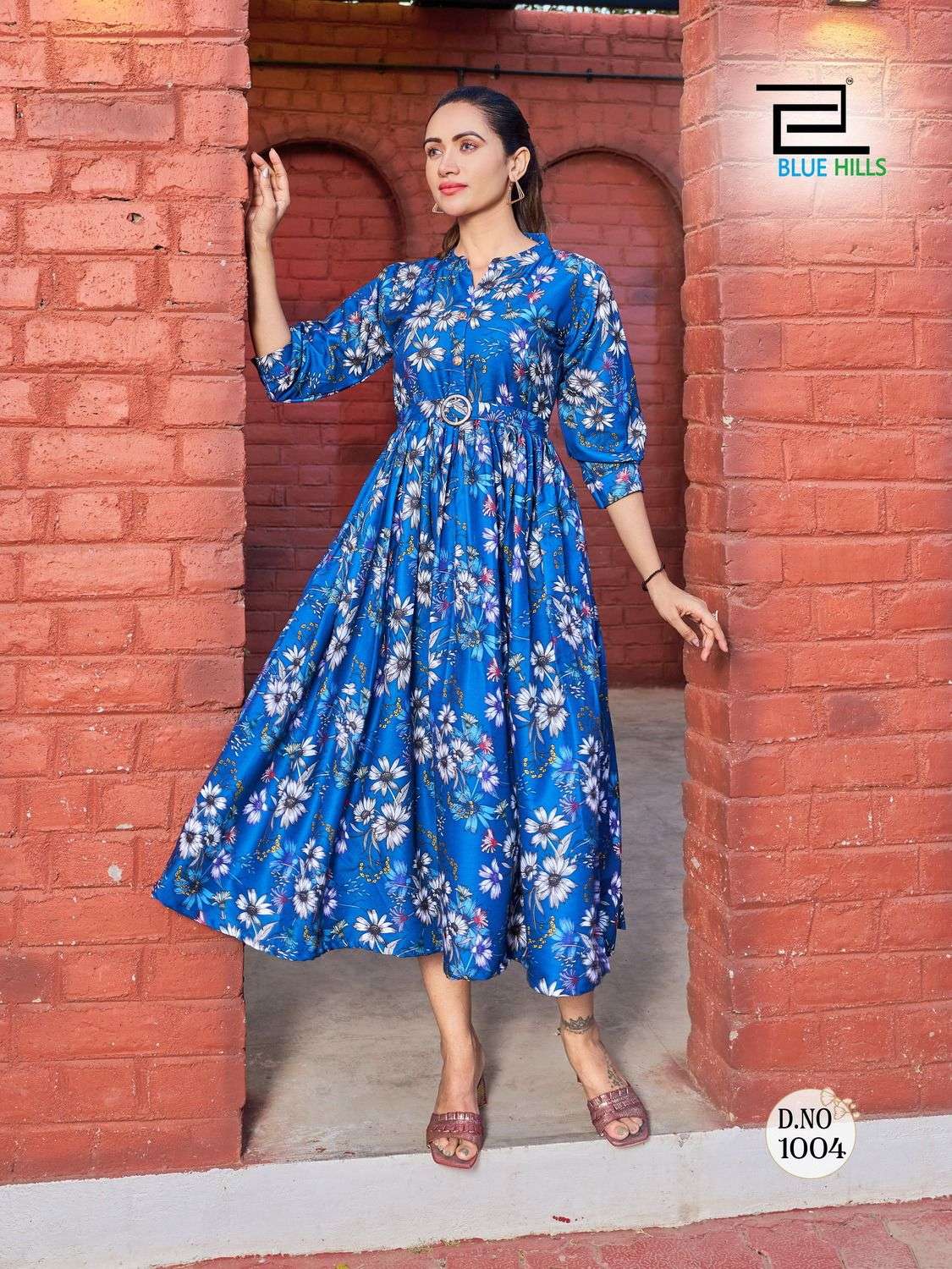 blue hills present bollywood vol 1 fantastic print party wear stitch gown with seprate belt 
