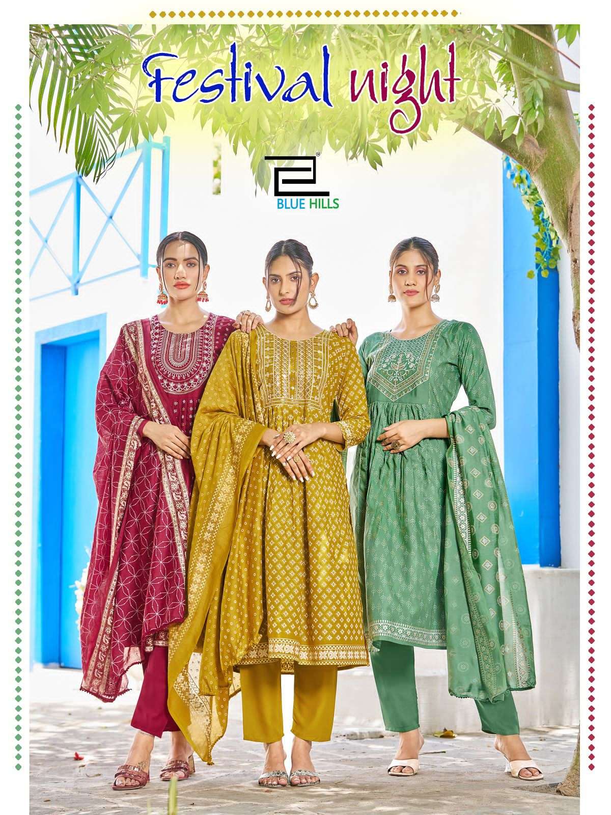 blue hills present festival night fancy 3pcs set amazing nayra cut kurti with pant and chanderi dupatta