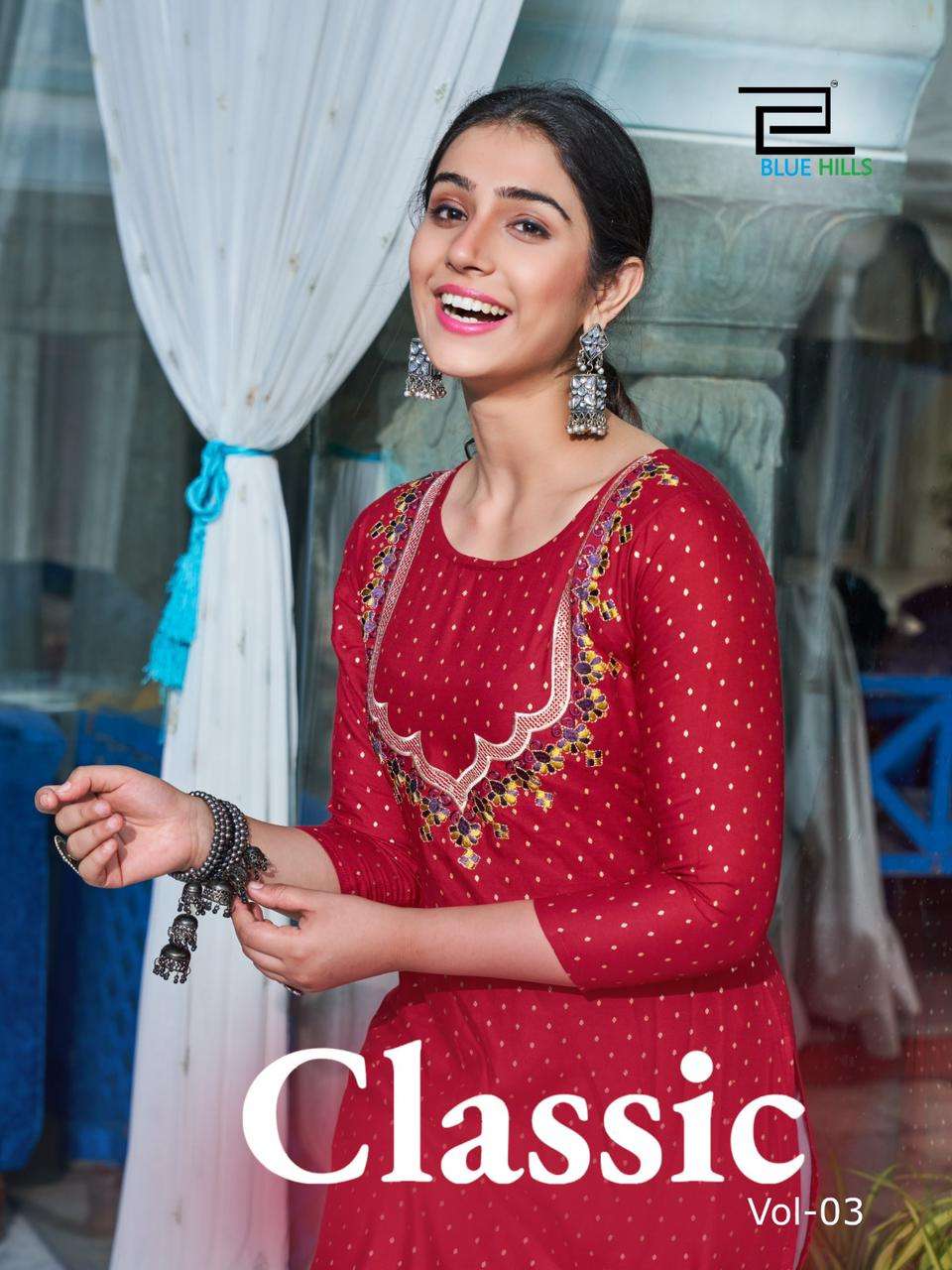classic vol 3 by blue hills designer foil print with work stitch kurtis collection 
