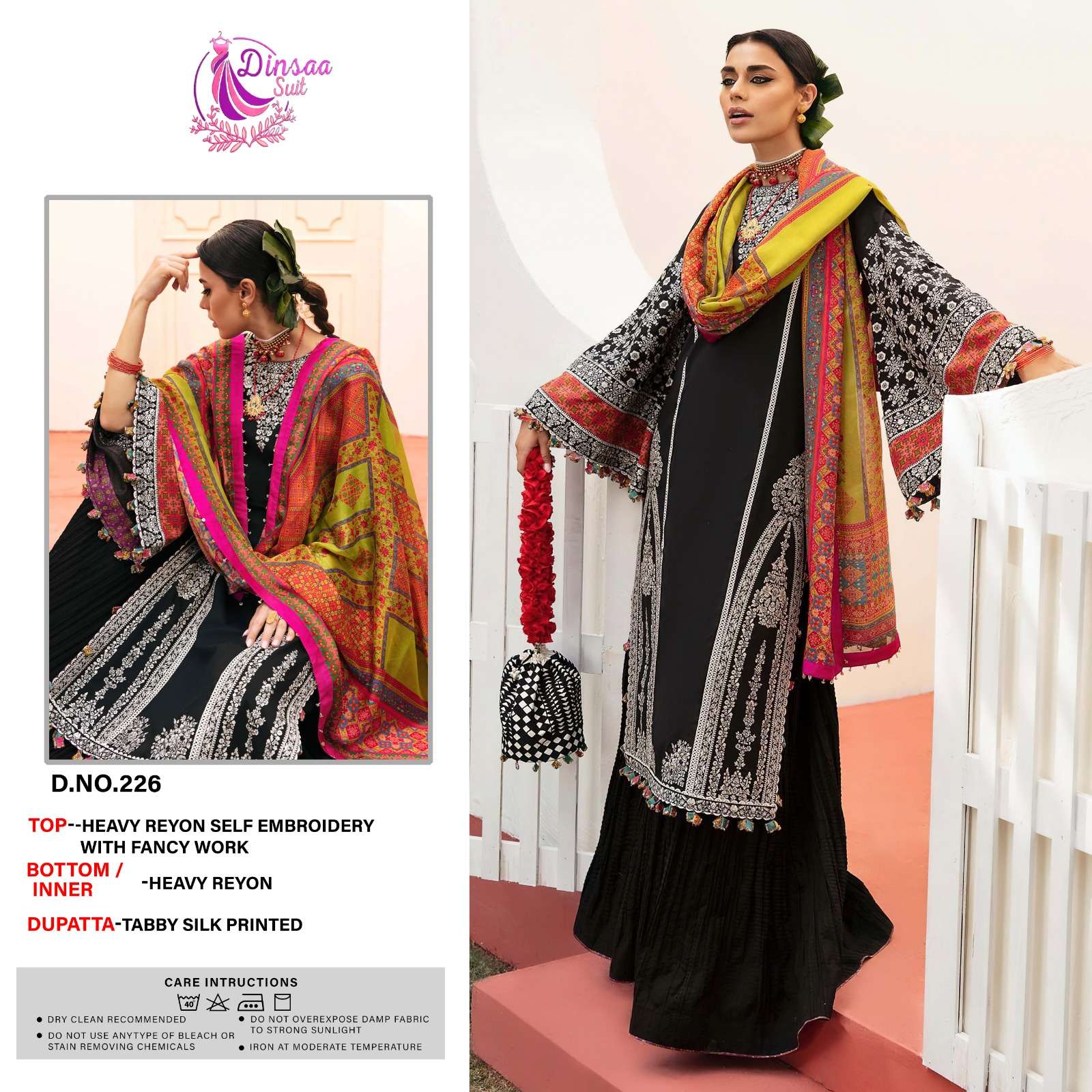 dinsaa 226 super hit black designer single unstitch pakistani suit with tabby silk dupatta