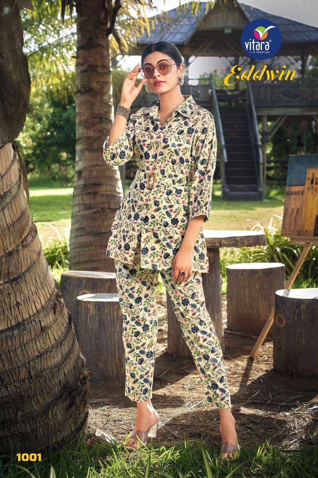 eddwin by vitara fashion fancy cord set floral print front open tunic with pant combo set