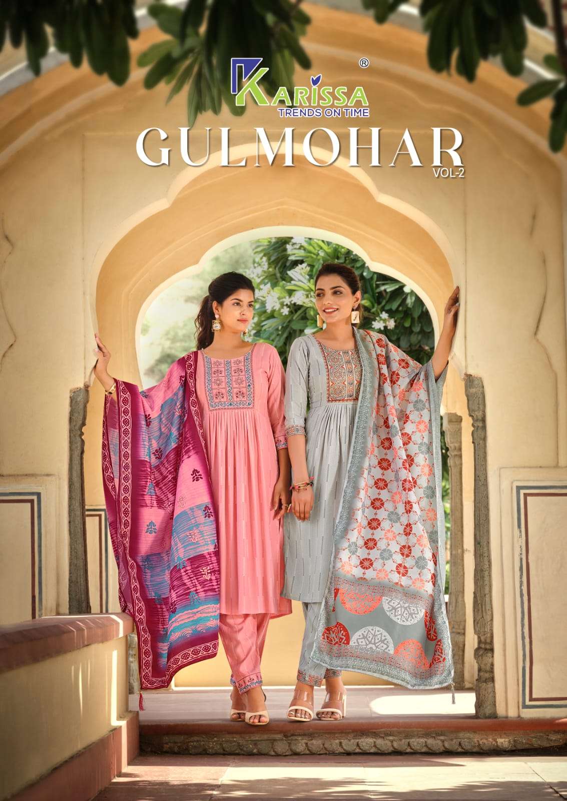 gulmohar vol 2 by karissa designer work nayra cut kurti with pant and digital dupatta 
