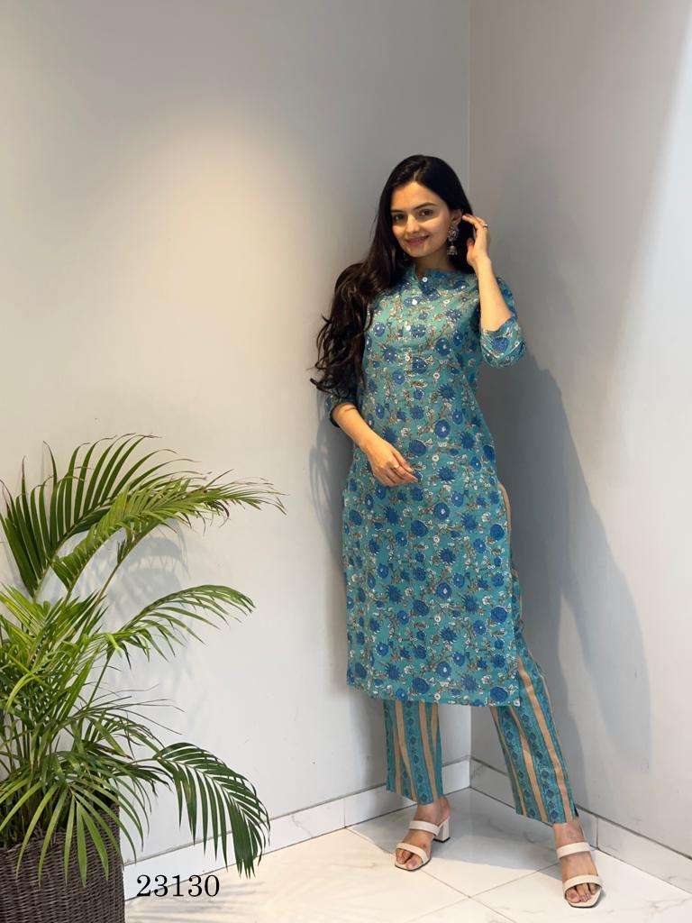 indira apparel 23130 fancy cambric straight kurti with pant combo set 