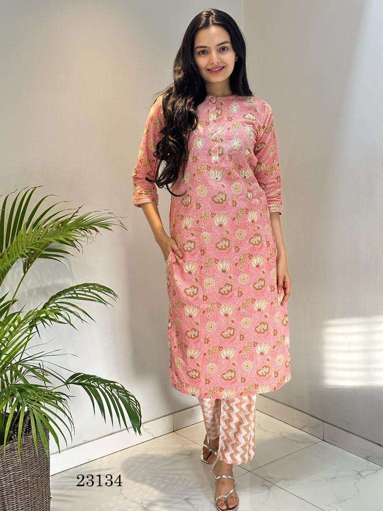 indira apparel 23134 fancy cambric cotton straight kurti with pant combo set