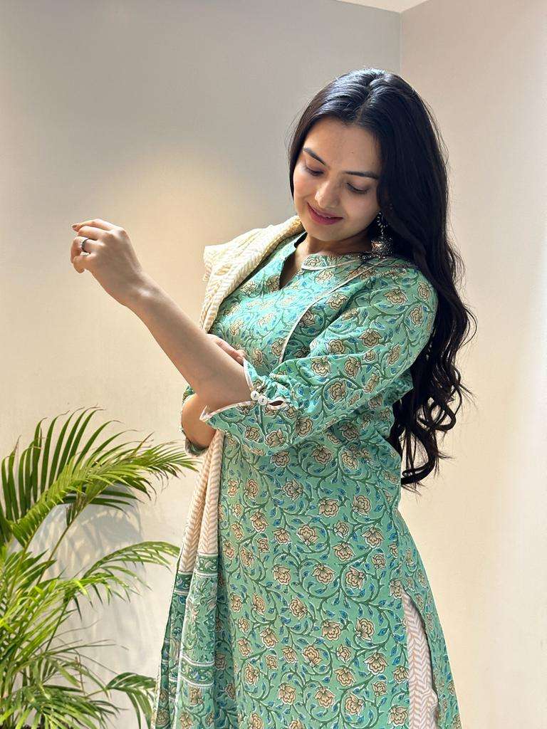 indira apparel 23135 fancy cambric cotton straight kurti with pant and dupatta combo set