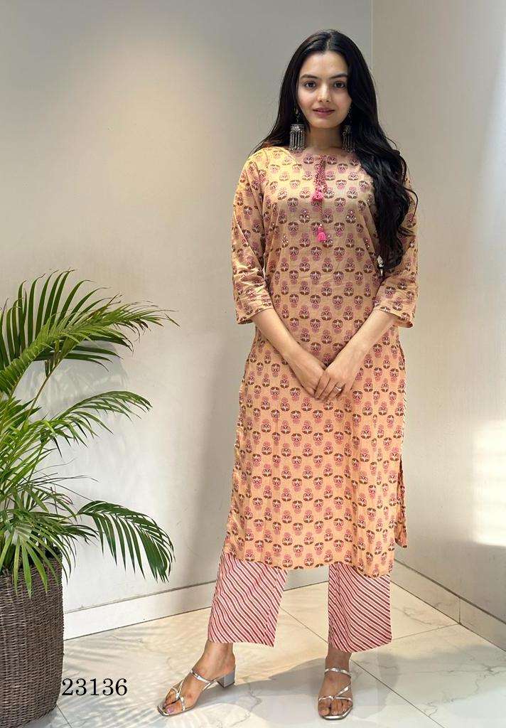 indira apparel 23136 fancy cambric cotton straight kurti with pant combo set 