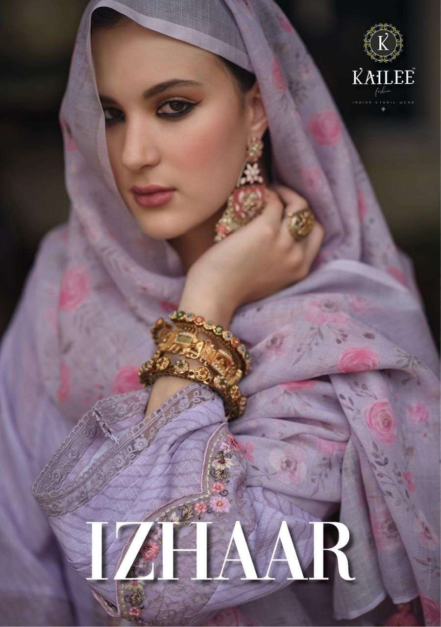 kailee fashion izhaar fancy 3pcs set pakistani linen kurti with pant and digital dupatta catalog