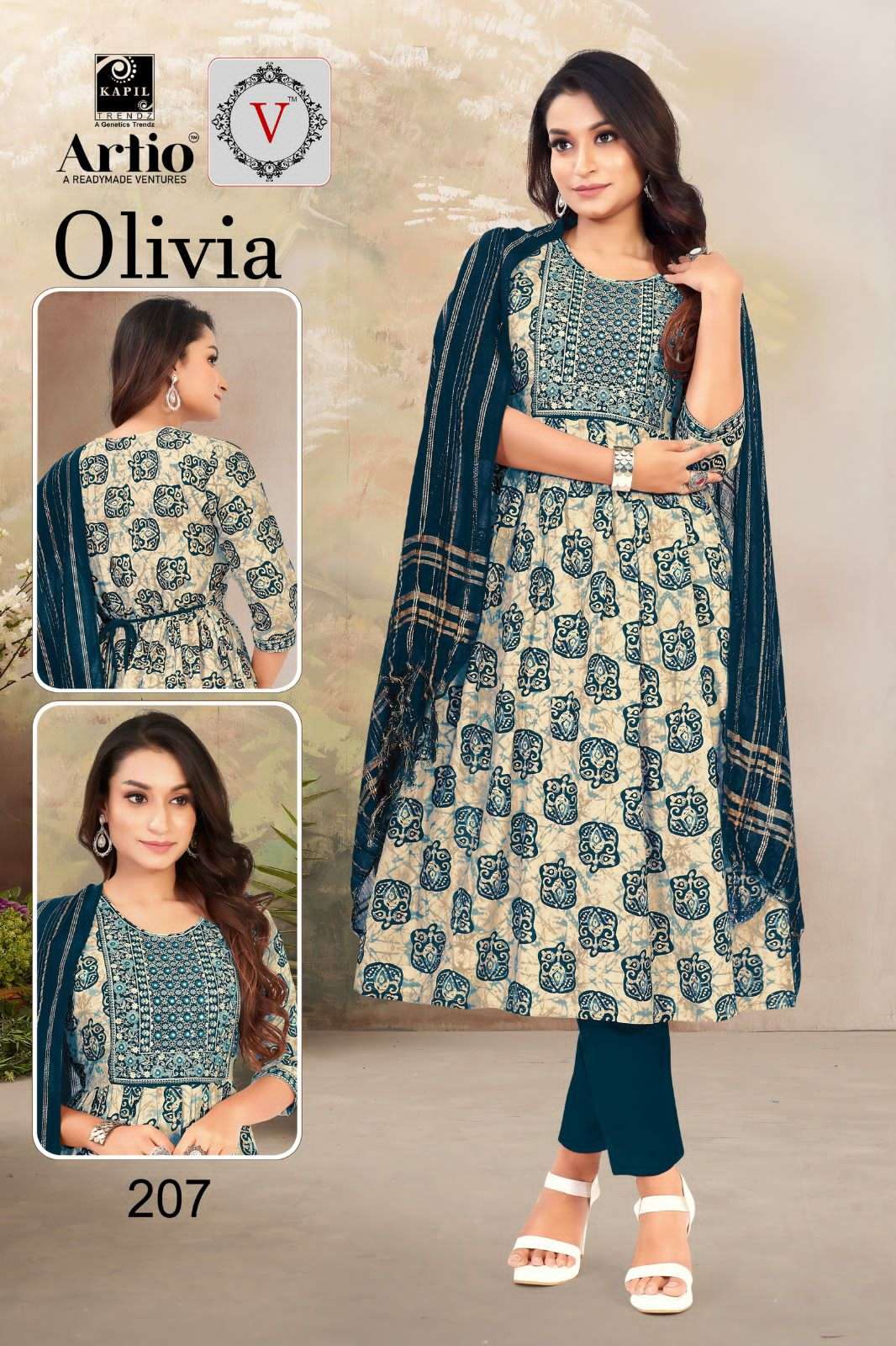 kapil trends artio present olivia fancy neck work readymade nayra cut salwar kameez combo set