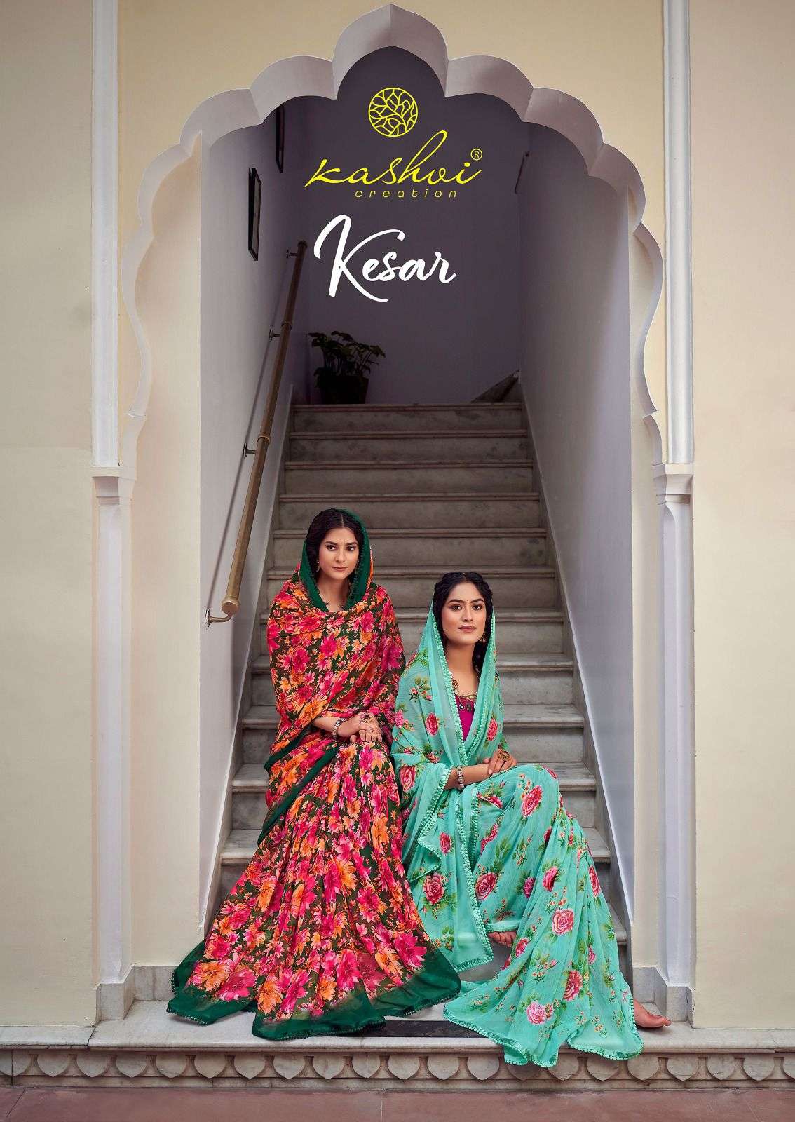 kashvi creation present kesar adorable floral print fancy sarees collection
