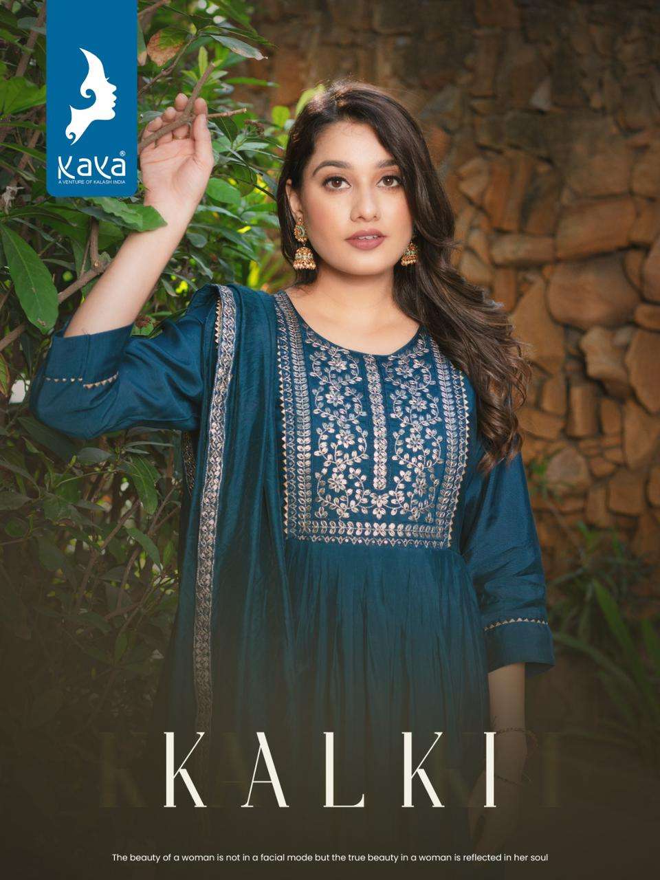 kaya present kalki fancy 3pcs set best designs colours nayra cut kurti with pant and work dupatta