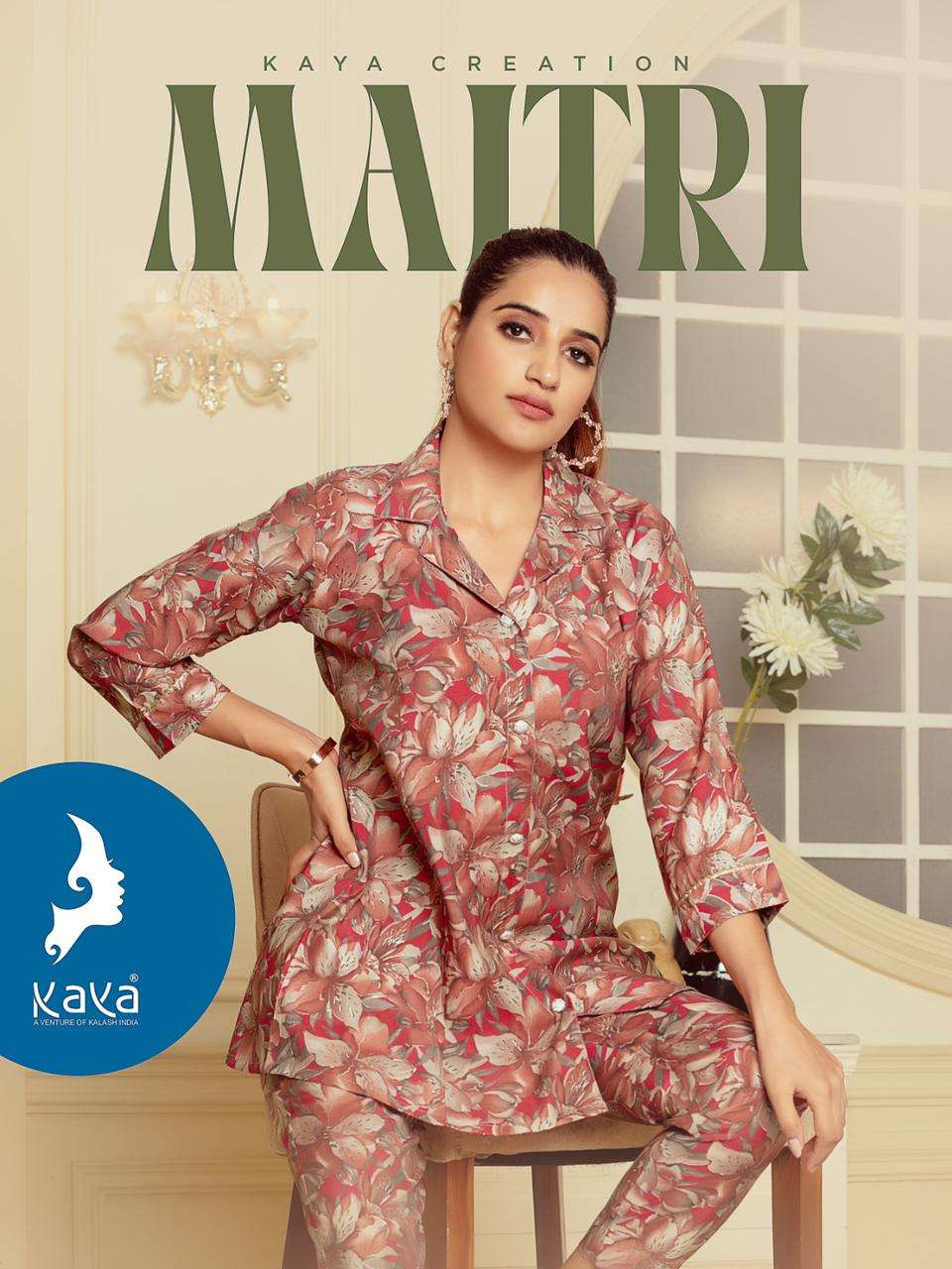 kaya present maitri fancy cord set chanderi modal print front open tunic and pant catalog