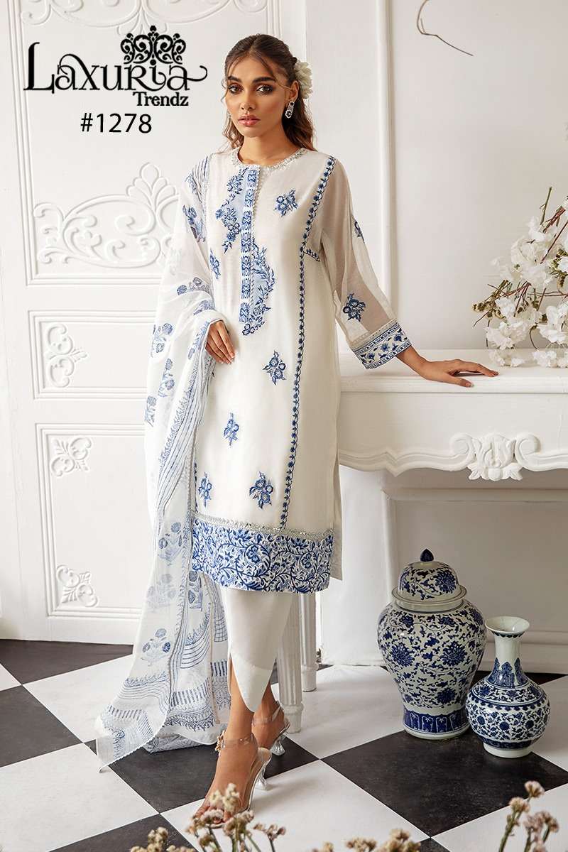 laxuria 1278 white color designer fancy pakistani kurti with pant and dupatta