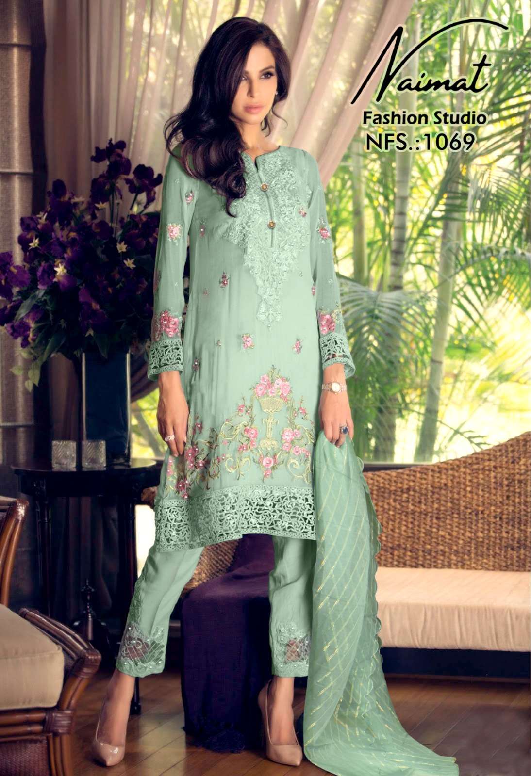 naimat 1069 beautiful work readymade pakistani kurti with pant and organza dupatta