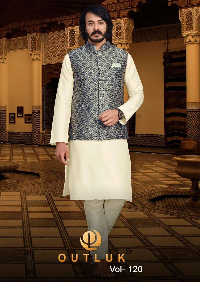 outluk vol 120 wedding wear readymade mens kurta and pant with jacquard jacket supplier 