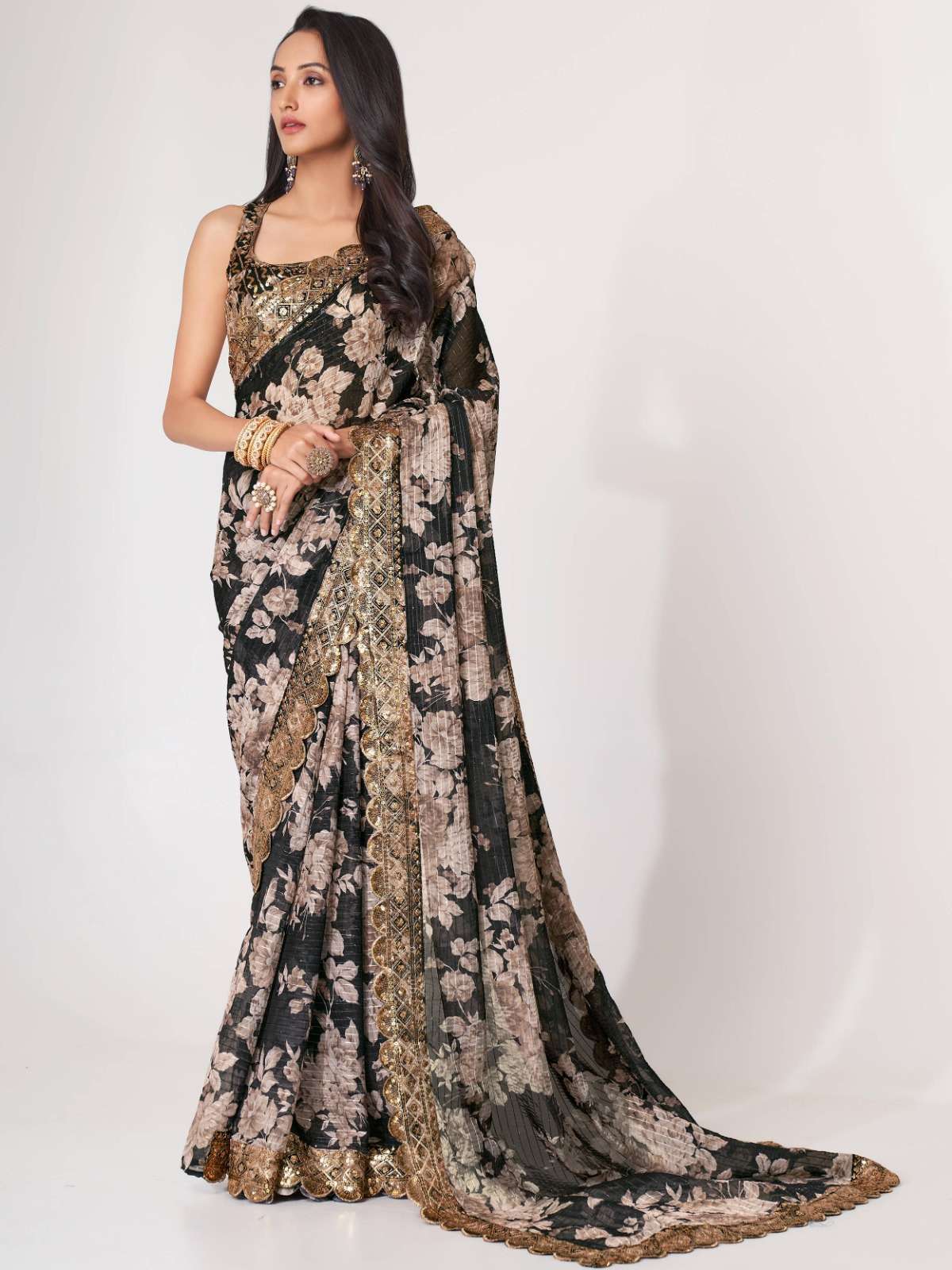 pr 1103 fancy floral black color classic saree single design