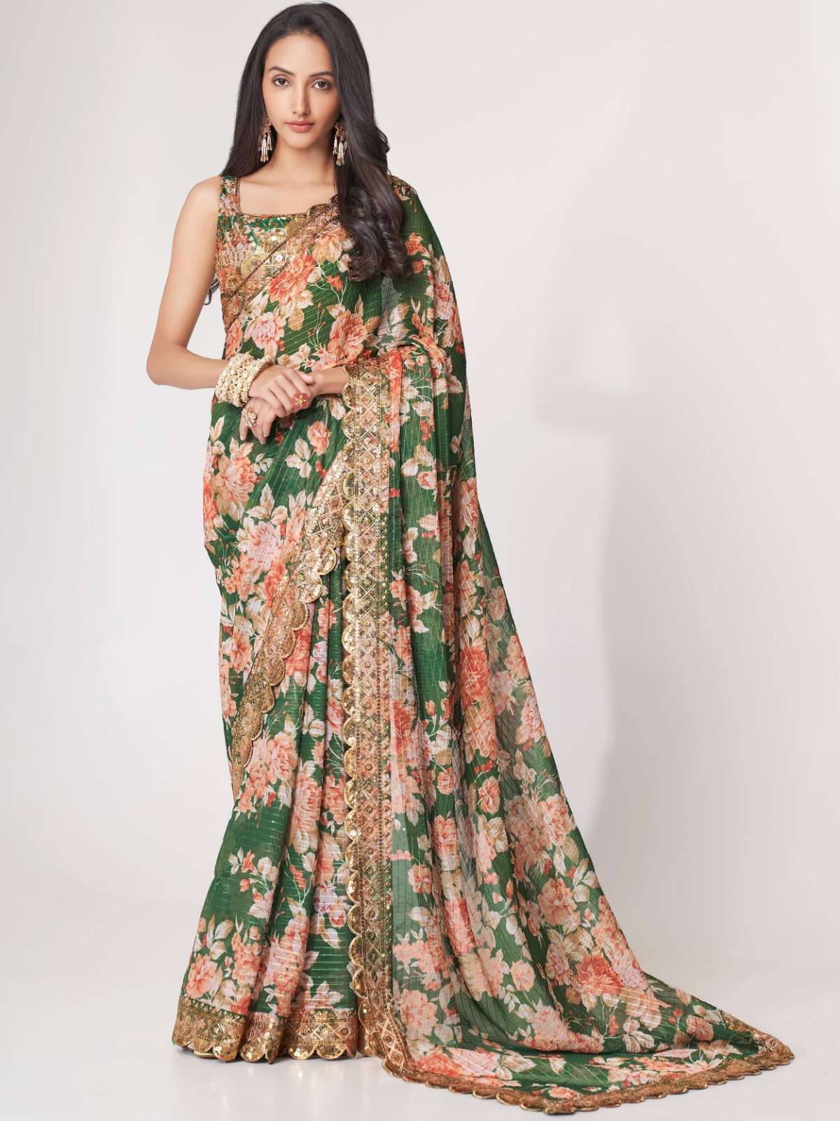 pr 1105 fancy floral print green color organza single saree 