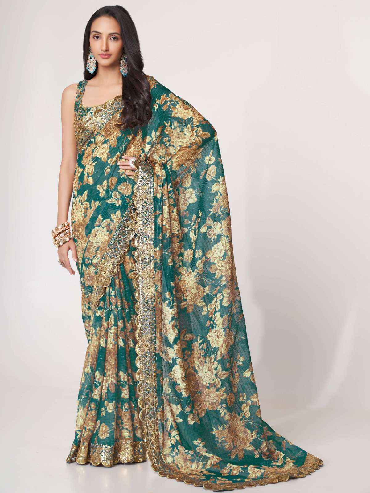 pr 1106 floral digital print teal blue color organza saree single design 