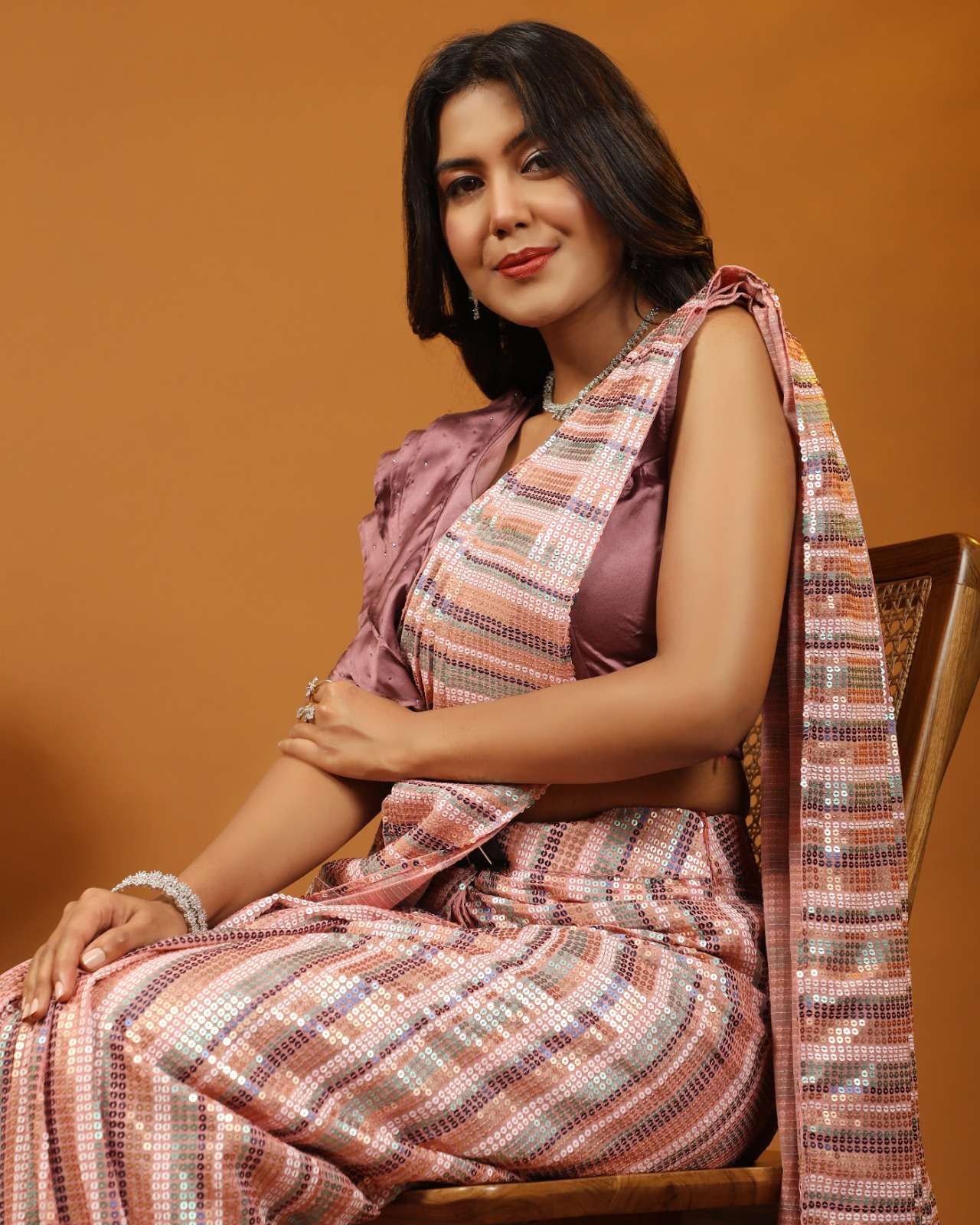 pr 244 ready to wear multi sequin work saree with plain designer plain blouse 