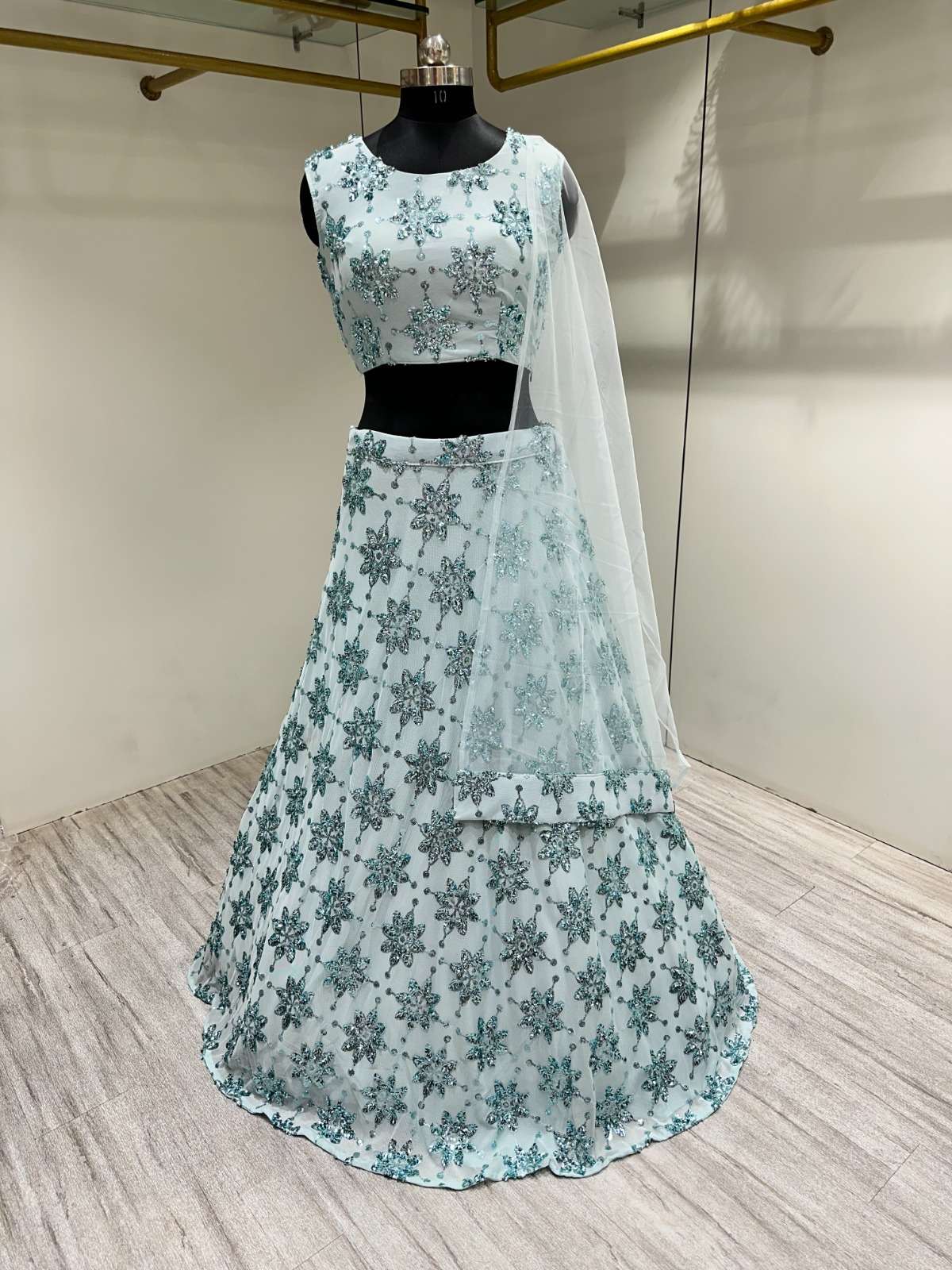 pr c 1904 sequin embroidered readymade crop top with lehenga and net dupatta