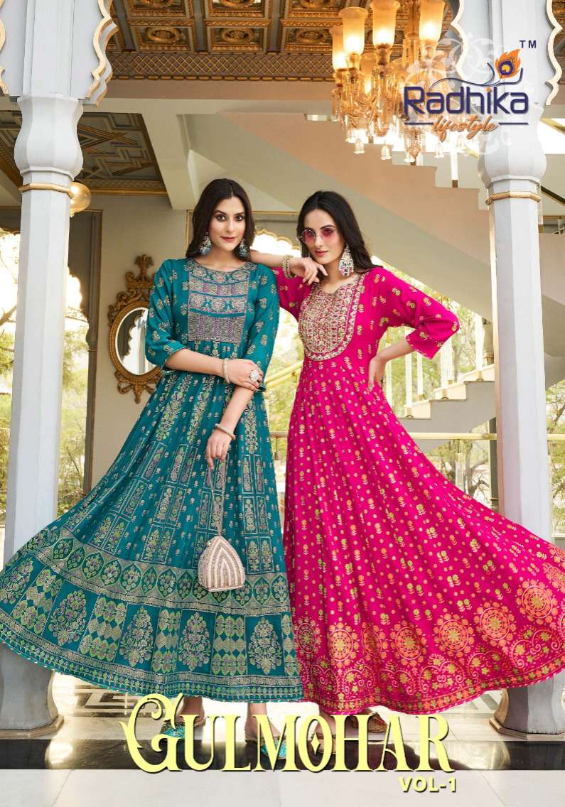 radhika lifestyle gulmohar vol 1 designer party wear long gowns catalogue