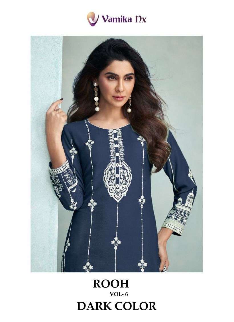 rooh vol 6 dark color by vamika nx fancy lakhnavi stitch kurti with pant collection 