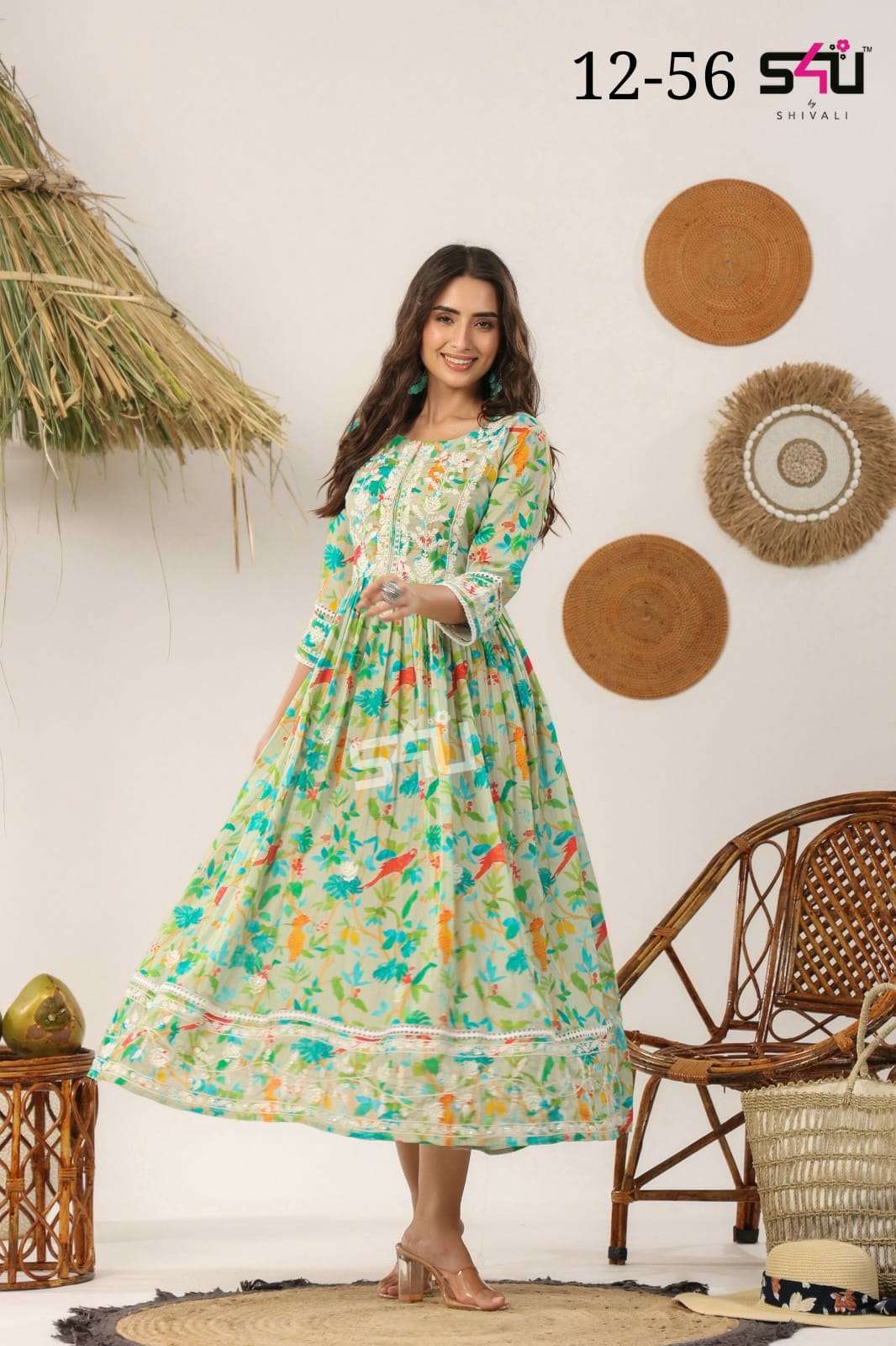 s4u pr 12-56 fancy wear long flared kurti combo set  