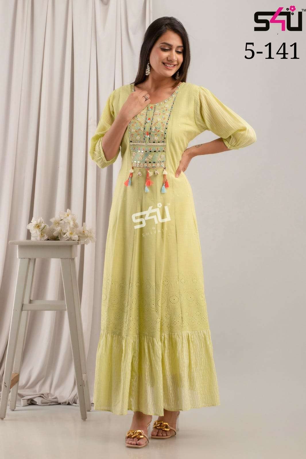 s4u pr 5-141 fancy work long gown kurti combo design 