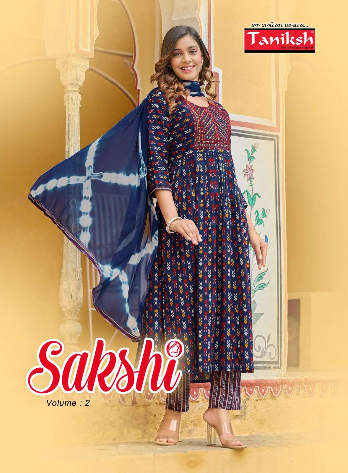 sakshi vol 2 by taniksh fancy neck work nayra cut kurti with pant and chiffon dupatta catalog