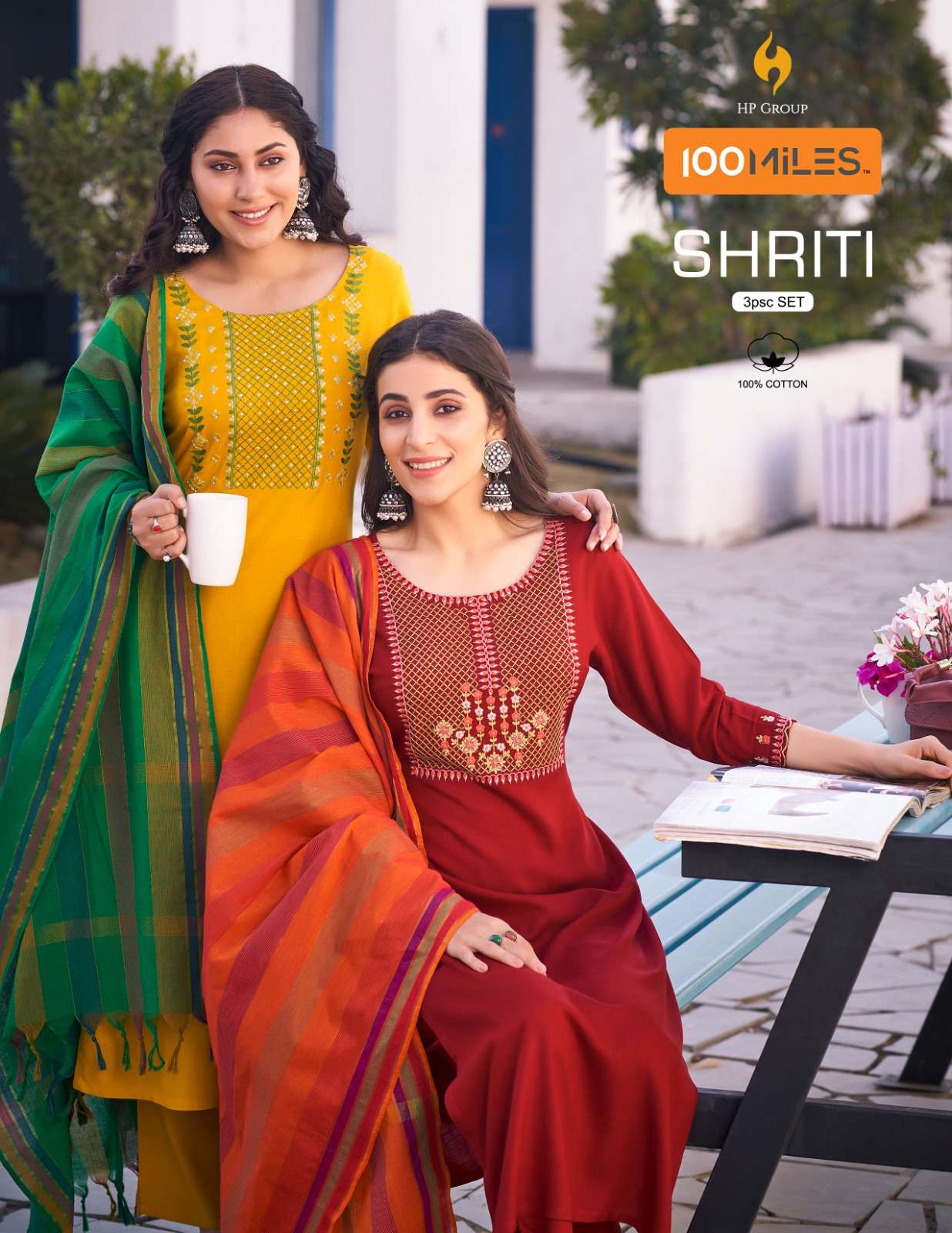 shriti by 100 miles fancy 3pcs set designer neck work kurti with pant and dupatta 