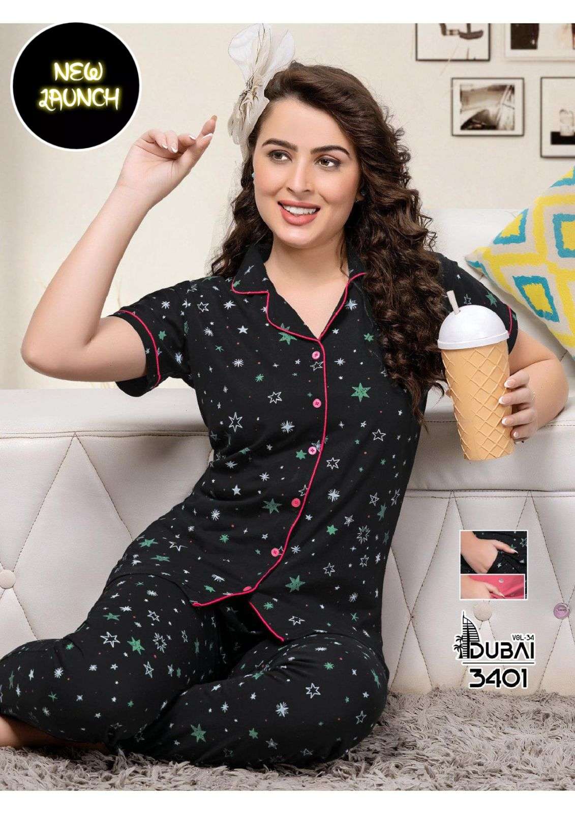 SUMMER SPECIAL C.NS VOL.34014 SD Heavy Fancy Printed Shinker Hosiery Collar Night Suits With Pocket CATALOG WHOLESALER BEST RATE