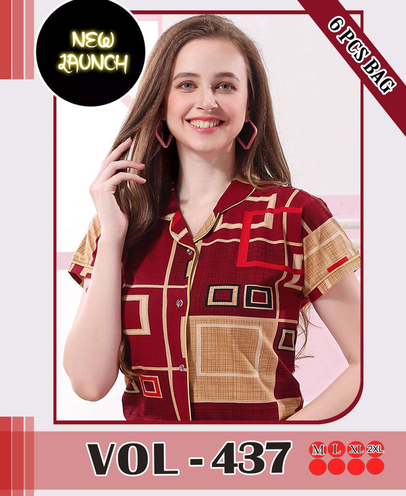 SUMMER SPECIAL C.NS VOL.B437 KNS Heavy Fancy Printed Shinker Hosiery Cotton Printed Collar Night Suits CATALOG