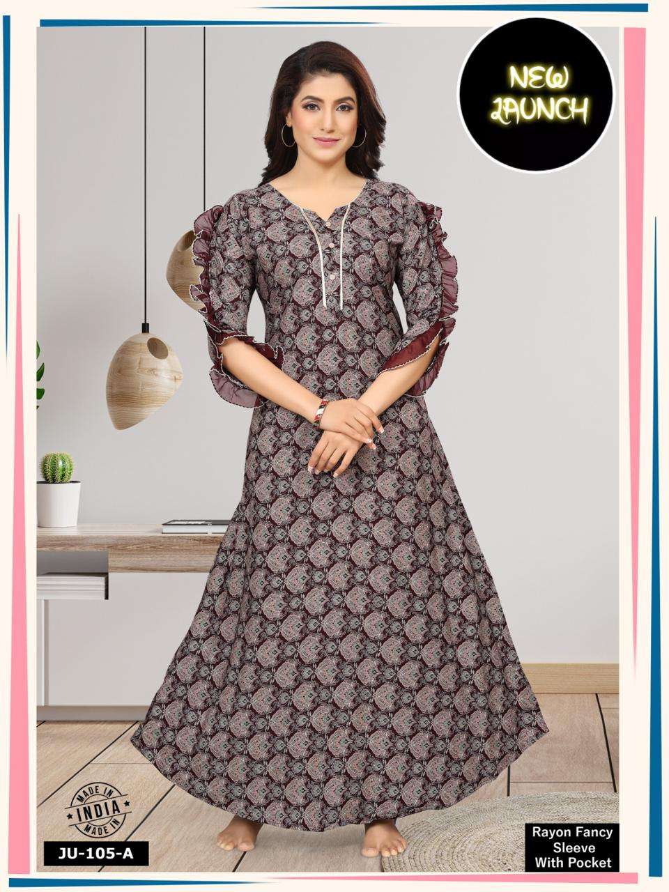 SUMMER SPECIAL JU VOL.D105 Heavy Fancy Printed Rayon Printed & Fancy  Sleeves Nighty Gown With Pocket