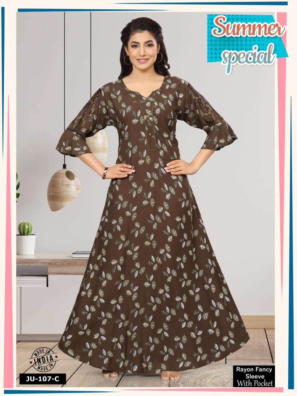 SUMMER SPECIAL JU VOL.D107 Heavy Fancy Printed Rayon Printed & Fancy  Sleeves Nighty Gown With Pocket