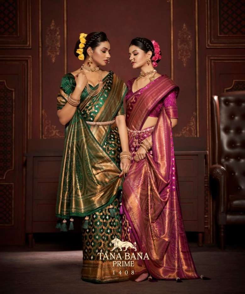 tana bana prime 1408 designs wedding wear satin silk sarees collection 