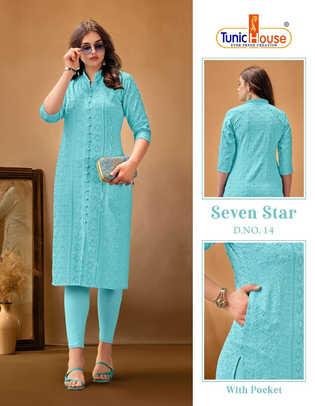 tunic house by seven star new color designer sequence chikankari work kurti combo set