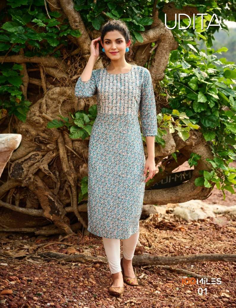 udita by 100 miles digital print with neck work fancy kurtis 