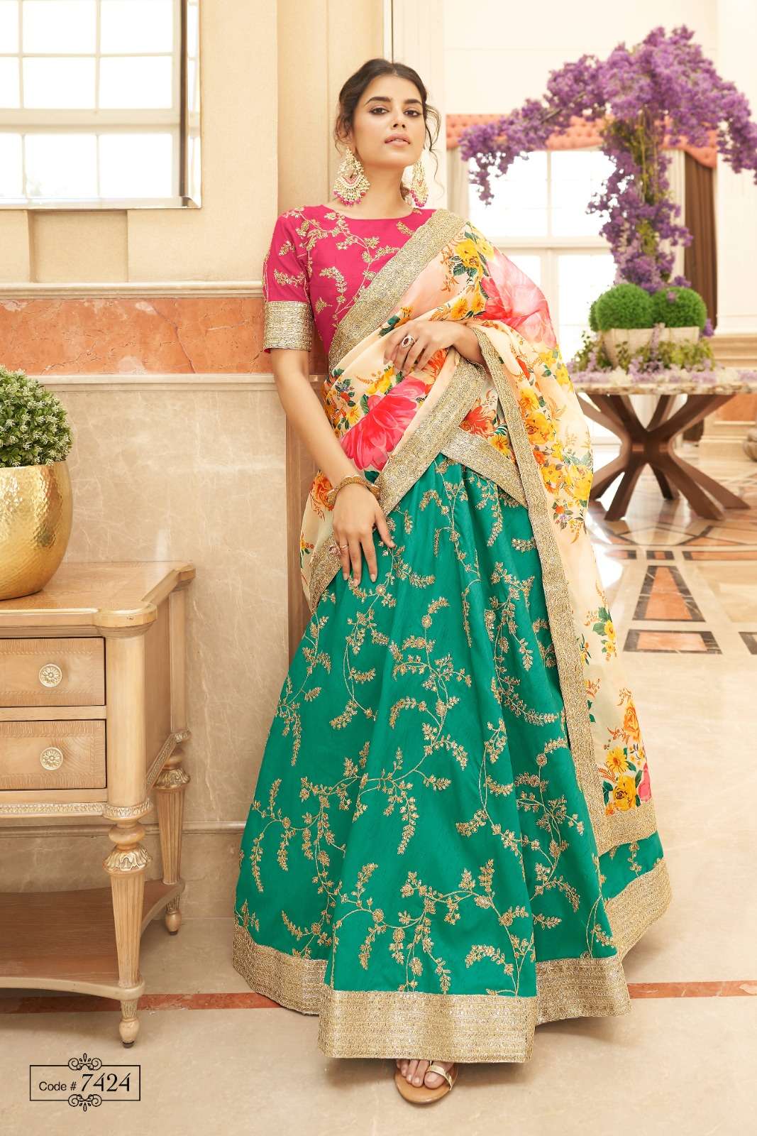 zeel 7424 fancy designer work single lehenga choli with floral print dupatta