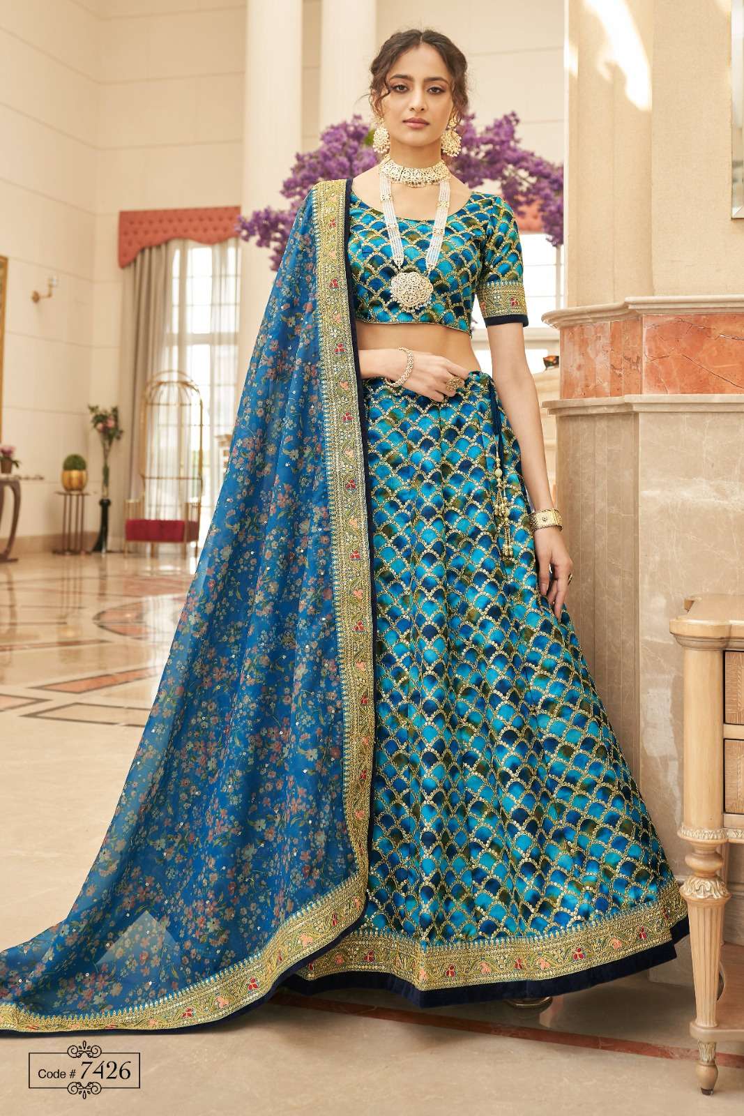 zeel 7426 designer work single blue color lehenga choli with floral print dupatta