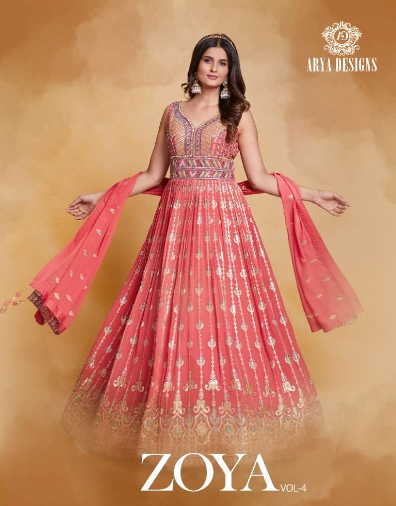 zoya vol 4 by arya designs fantastic designer function wear readymade long gown with dupatta catalogue 