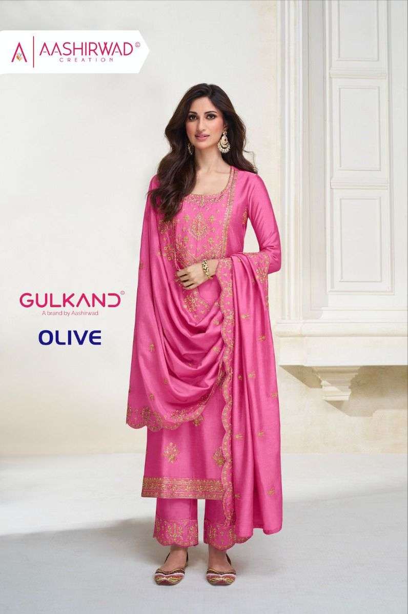 aashirwad creation gulkand olive designer premium silk unstitch collection 3pcs suit