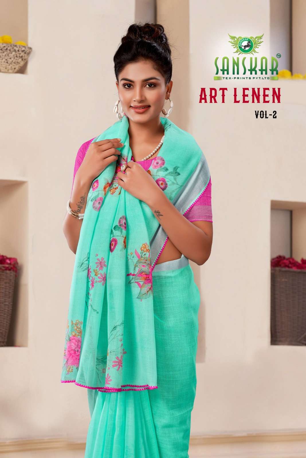 art lenen vol 2 by sanskar tex fancy flower print sarees online supplier