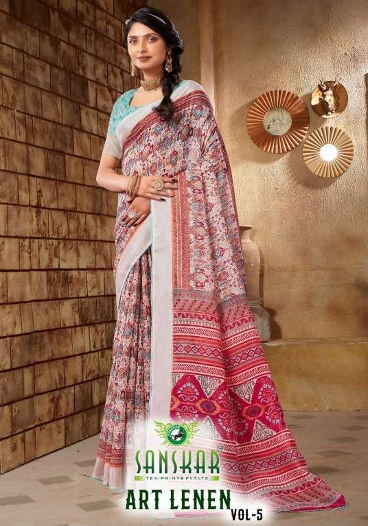 art lenen vol 5 by sanskar tex fancy soft linen sarees collection