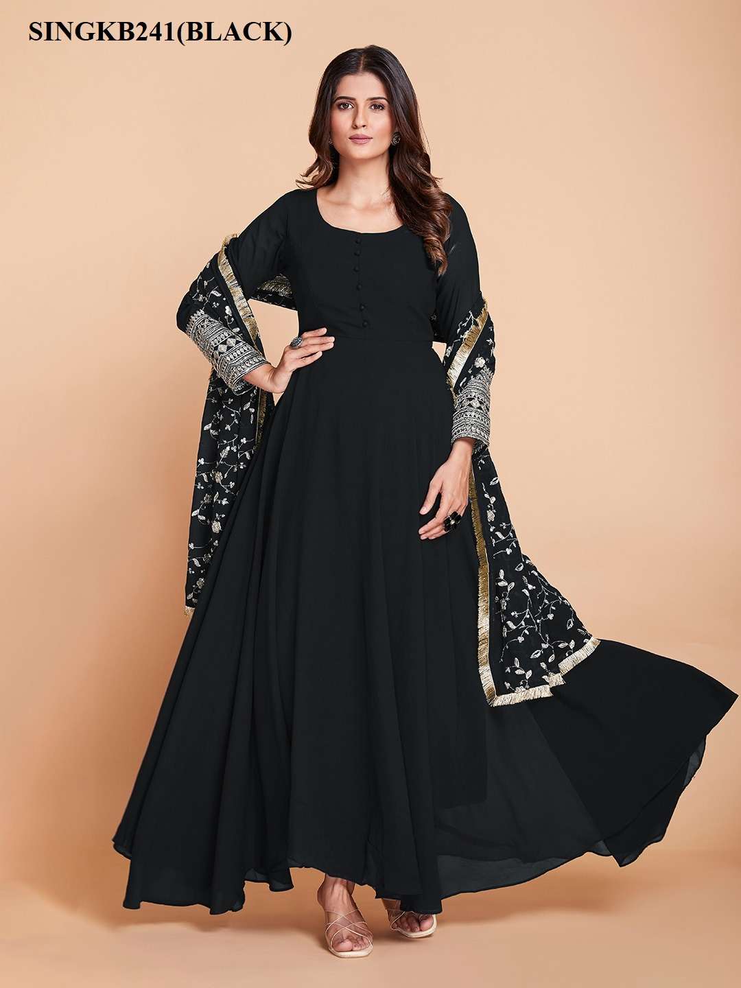 arya designs singkb241black color fancy readymade single long gown with pant and dupatta