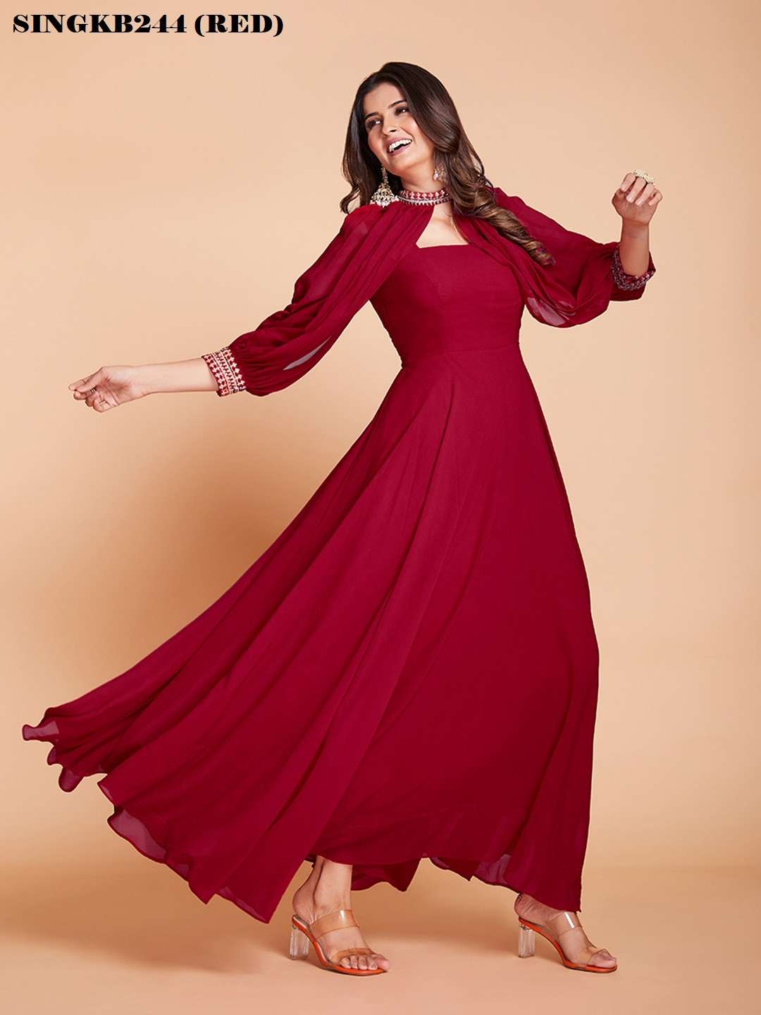 arya designs singkb244 red color long gown with beautiful sleeves combo set