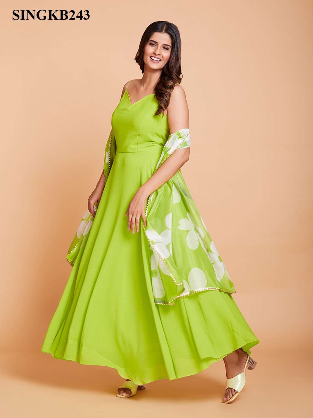 arya singkb243 green color fancy long gown with dupatta combo set