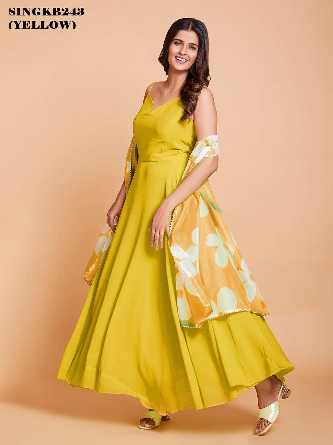 arya singkb243 yellow color fancy long gown with dupatta combo set