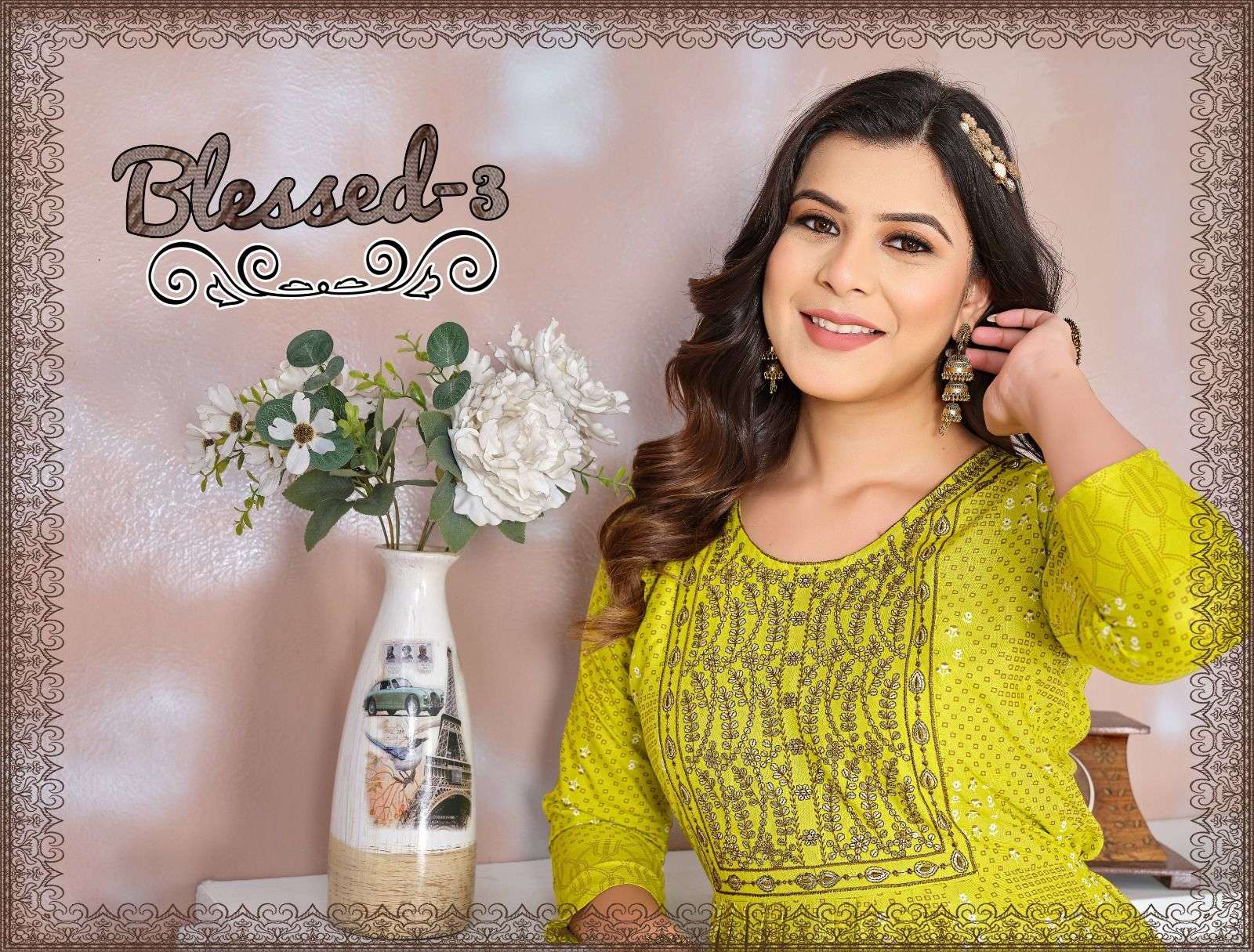  BEAUTY QUEEN BLESSED-3 RAYON LONG FLAIR KURTI CATRALOG WHOLESALER BEST RATE 
